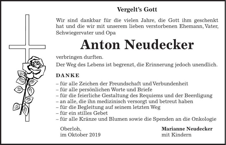 Traueranzeige Anton Neudecker