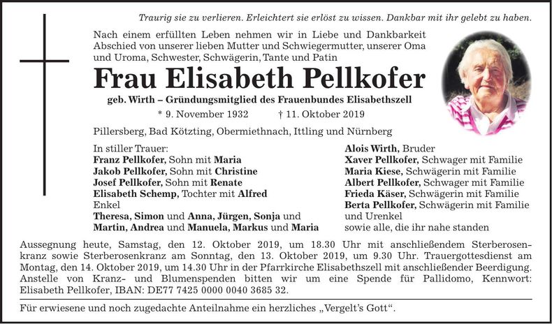 Traueranzeige Elisabeth Pellkofer