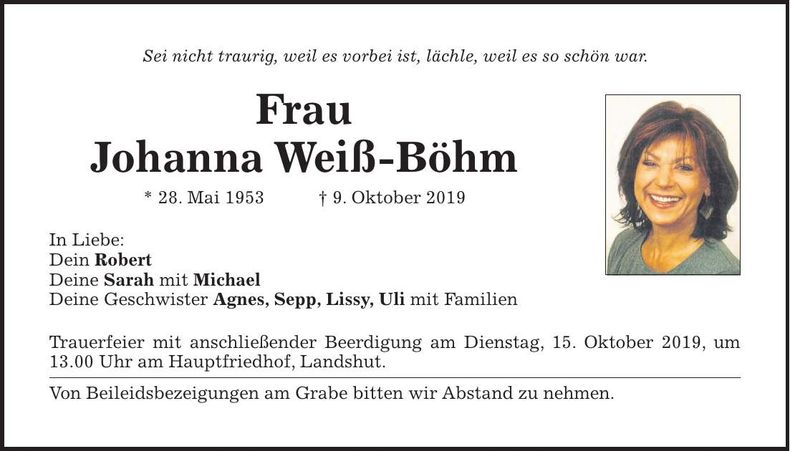 Traueranzeige Johanna Weiß-Böhm