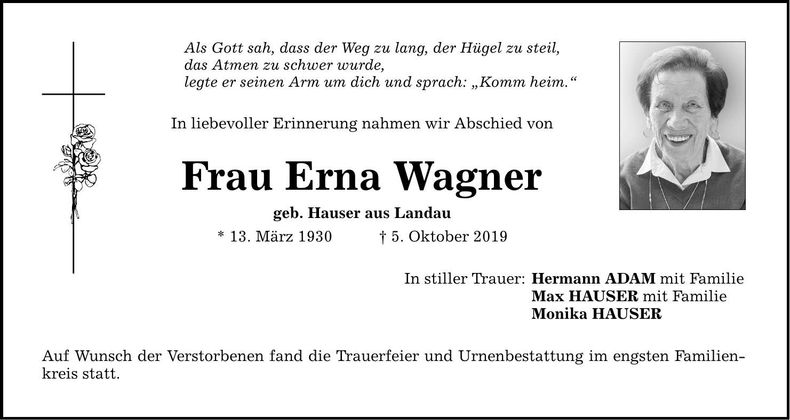 Traueranzeige Erna Wagner