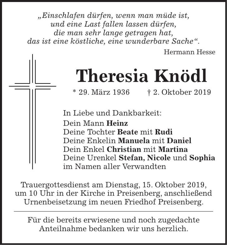 Traueranzeige Theresia Knödl