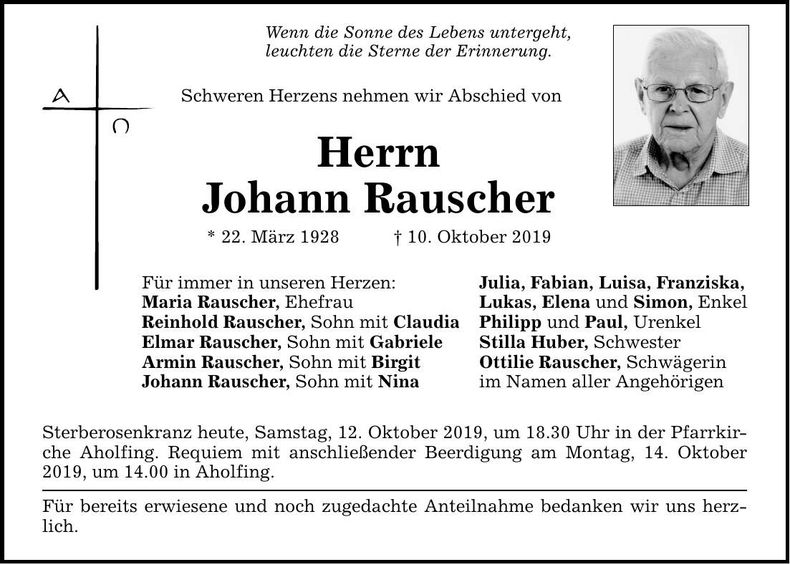 Traueranzeige Johann Rauscher