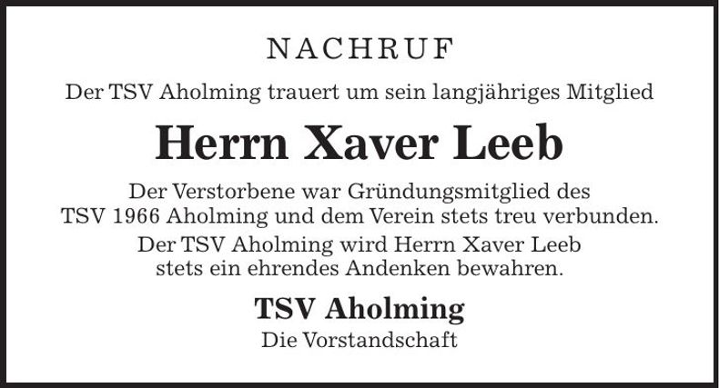 Traueranzeige Xaver Leeb