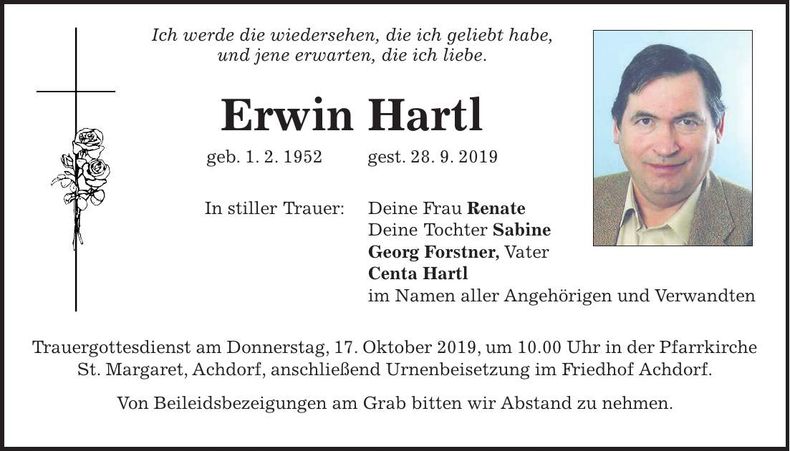 Traueranzeige Erwin Hartl