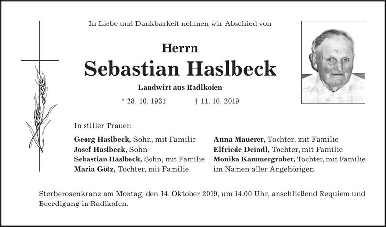 Traueranzeige Sebastian Haslbeck