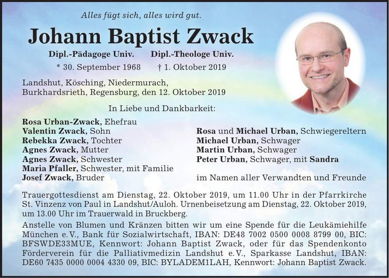 Traueranzeige Johann Baptist Zwack