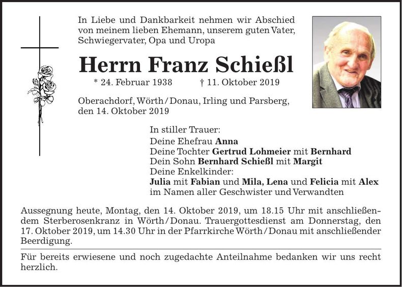 Traueranzeige Franz Schießl