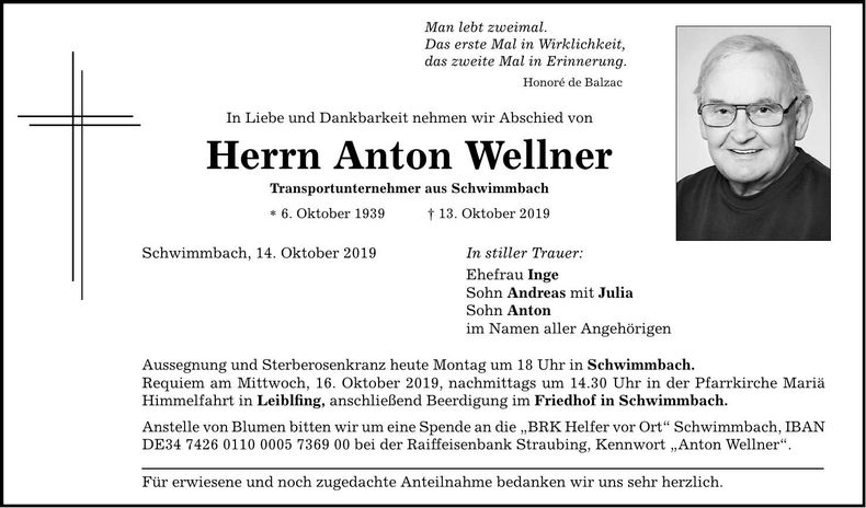 Traueranzeige Anton Wellner