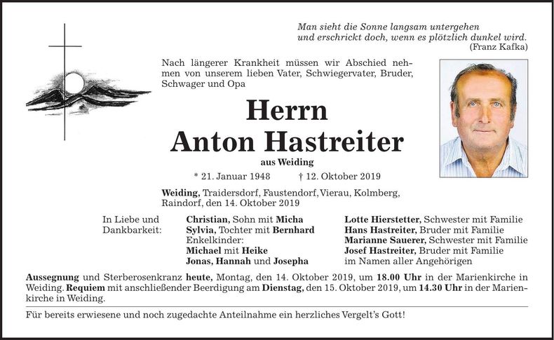 Traueranzeige Anton Hastreiter