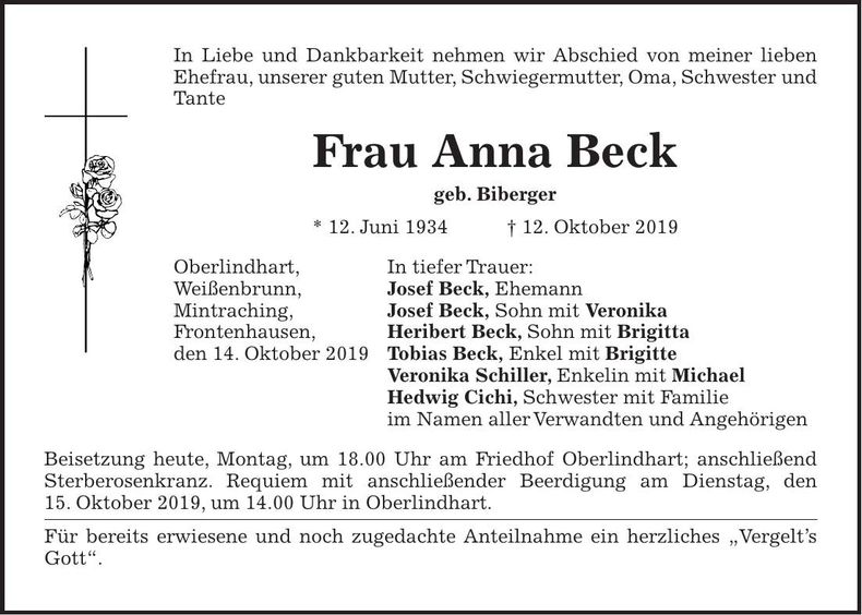 Traueranzeige Anna Beck