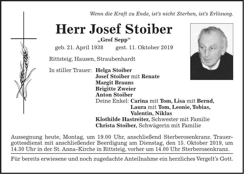 Traueranzeige Josef Stoiber