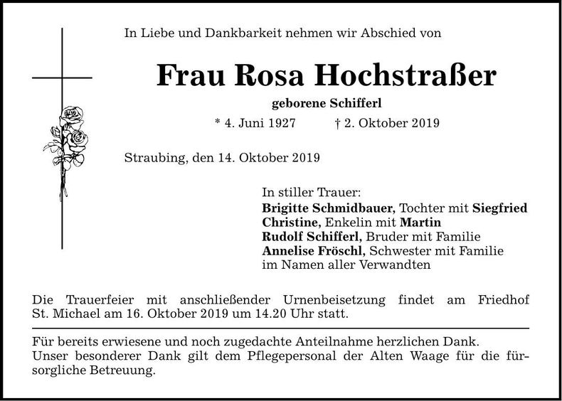 Traueranzeige Rosa Hochstraßer