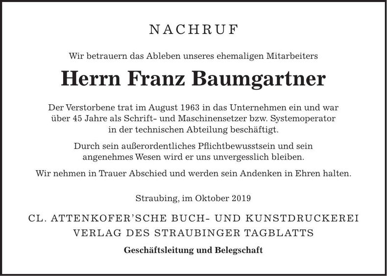 Traueranzeige Franz Baumgartner