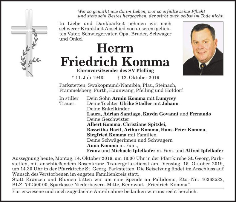 Traueranzeige Friedrich Komma