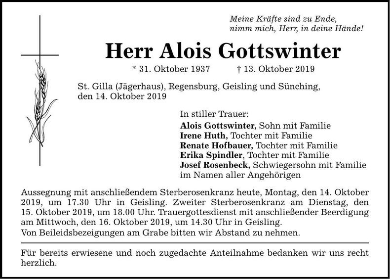 Traueranzeige Alois Gottswinter