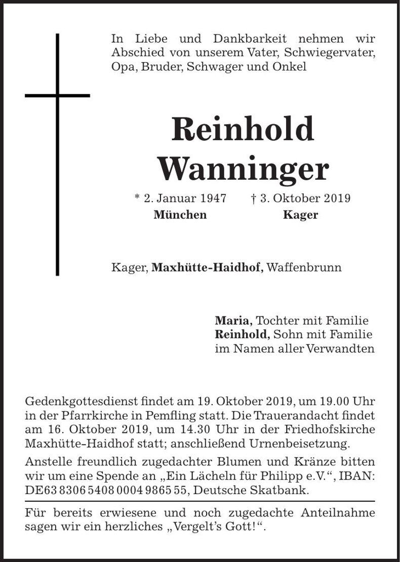 Traueranzeige Reinhold Wanninger