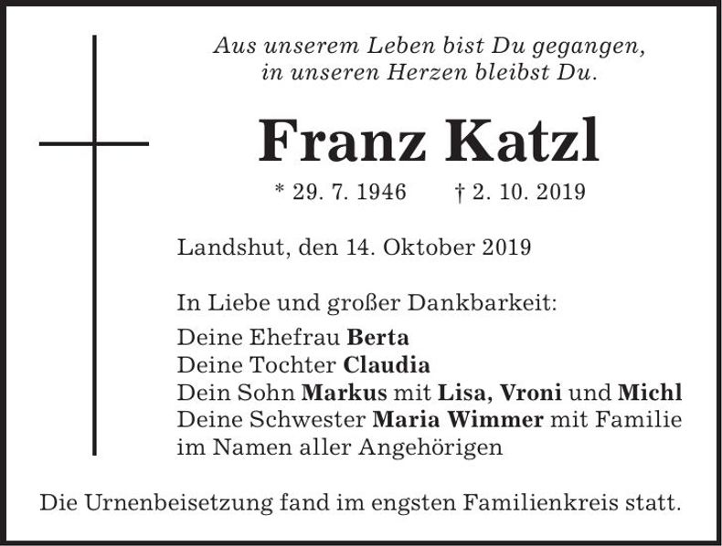 Traueranzeige Franz Katzl