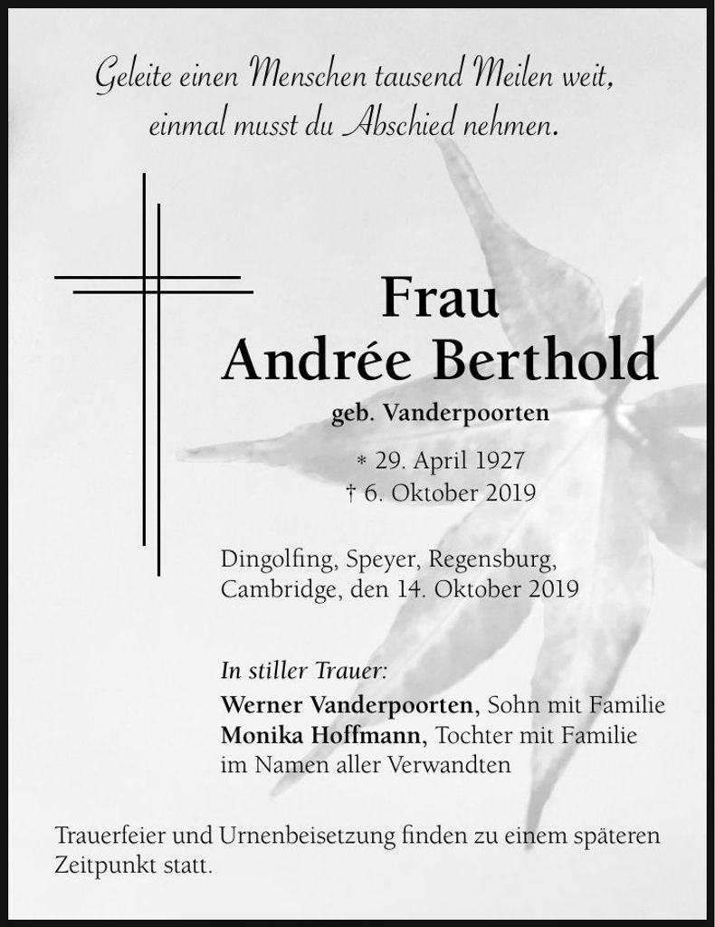 Traueranzeige Andrée Berthold