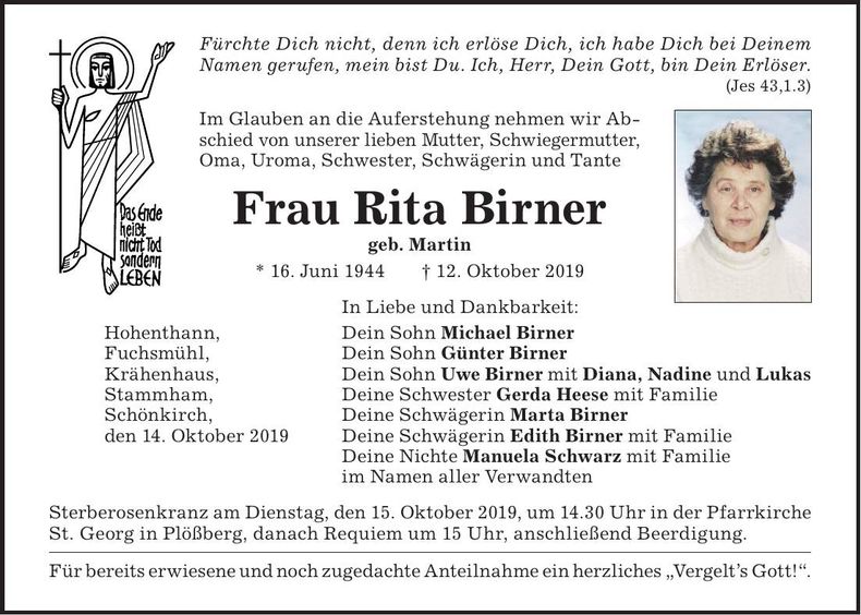 Traueranzeige Rita Birner