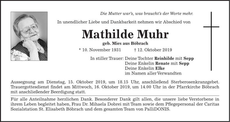 Traueranzeige Mathilde Muhr