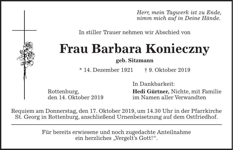 Traueranzeige Barbara Koncieczny