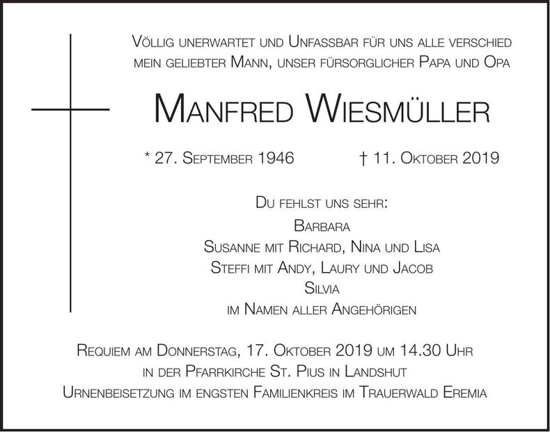 Traueranzeige Manfred Wiesmüller