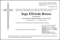Traueranzeige Inge Elfriede Reiser