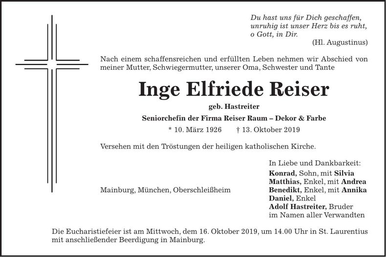 Traueranzeige Inge Elfriede Reiser
