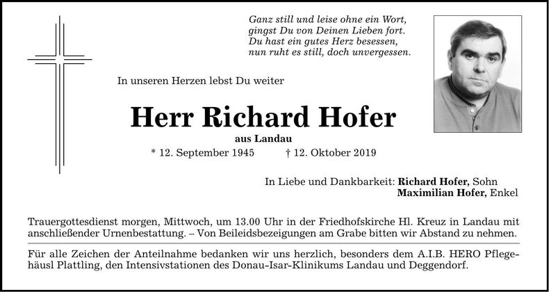 Traueranzeige Richard Hofer
