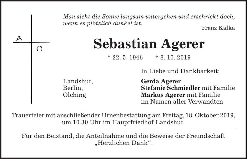 Traueranzeige Sebastian Agerer