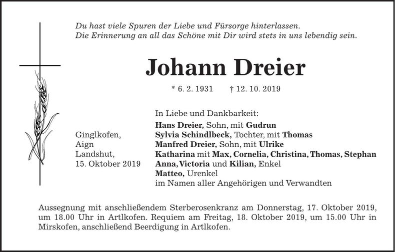 Traueranzeige Johann Dreier