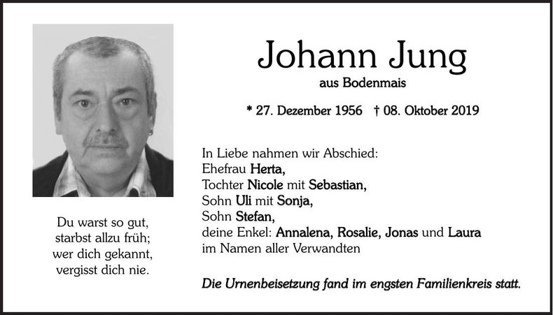 Traueranzeige Johann Jung