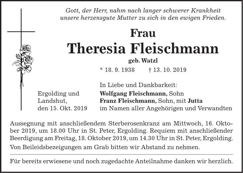 Traueranzeige Theresia Fleischmann