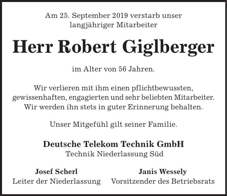Traueranzeige Robert Giglberger