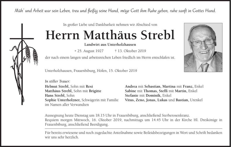 Traueranzeige Matthäus Strebl