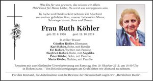 Traueranzeige Ruth Köhler