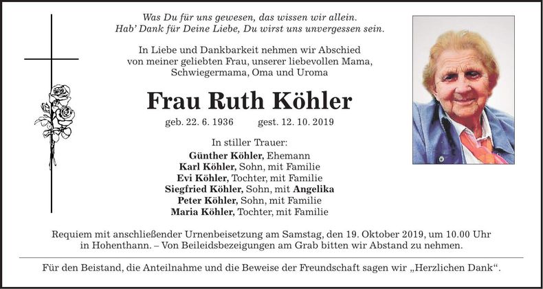 Traueranzeige Ruth Köhler