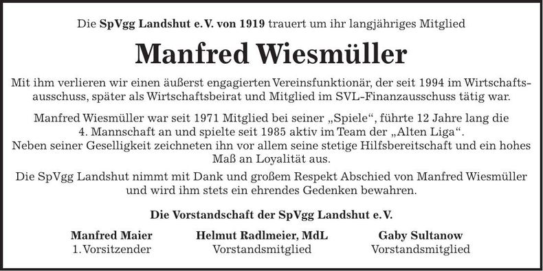 Traueranzeige Manfred Wiesmüller