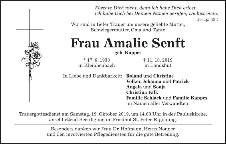Traueranzeige Amalie Senft