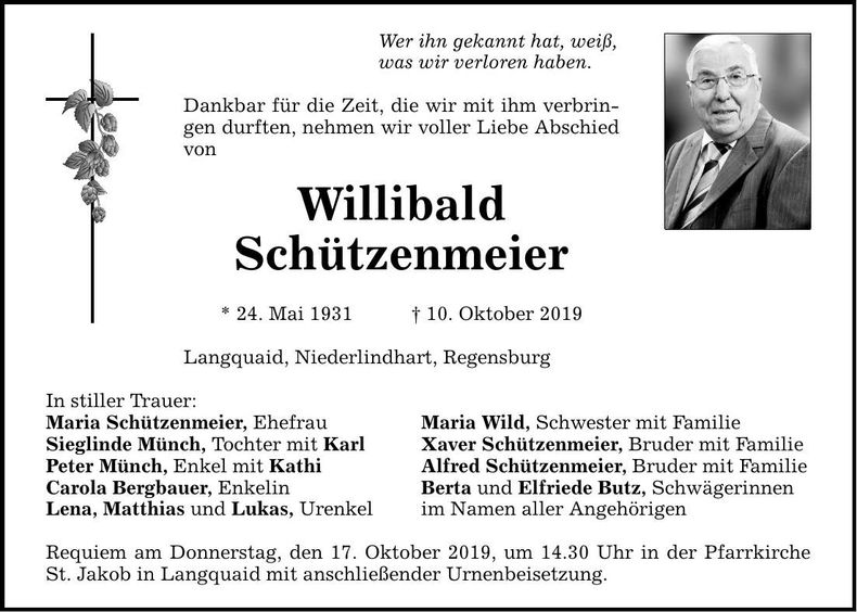 Traueranzeige Willibald Schützenmeier
