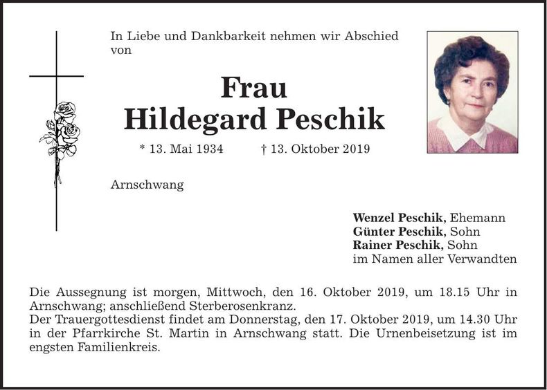 Traueranzeige Hildegard Peschik