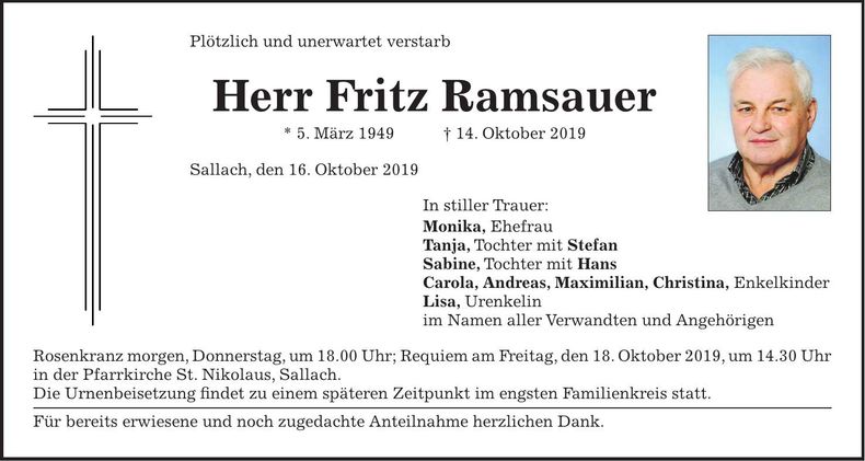 Traueranzeige Fritz Ramsauer