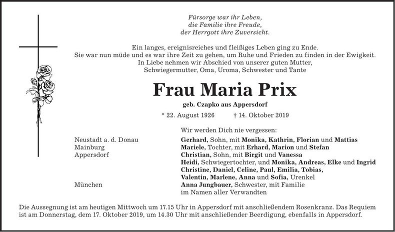 Traueranzeige Maria Prix
