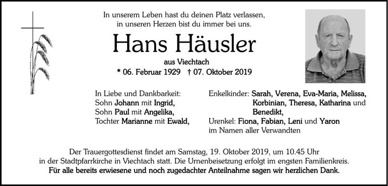 Traueranzeige Hans Häusler