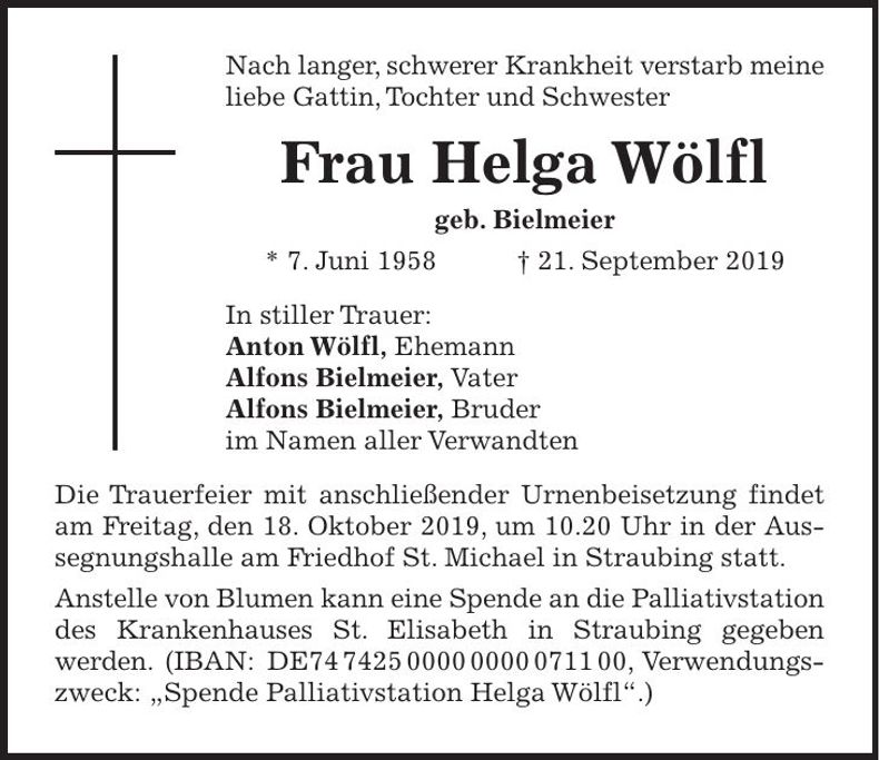 Traueranzeige Helga Wölfl