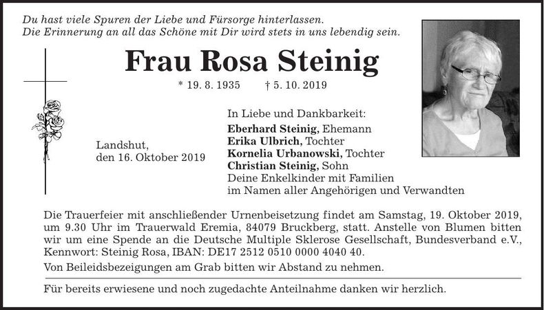 Traueranzeige Rosa Steinig
