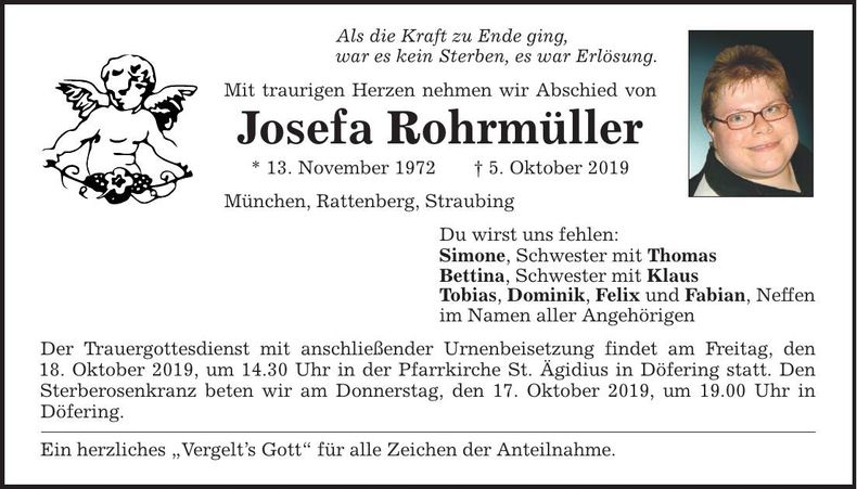 Traueranzeige Josefa Rohrmüller