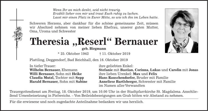Traueranzeige Theresia Bernauer