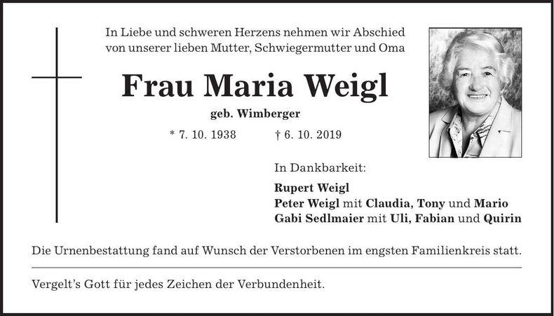 Traueranzeige Maria Weigl
