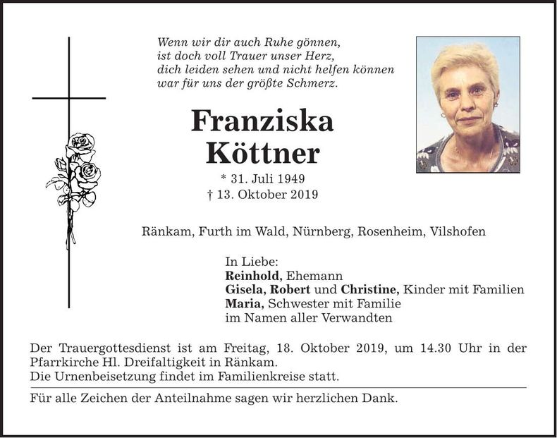 Traueranzeige Franziska Köttner